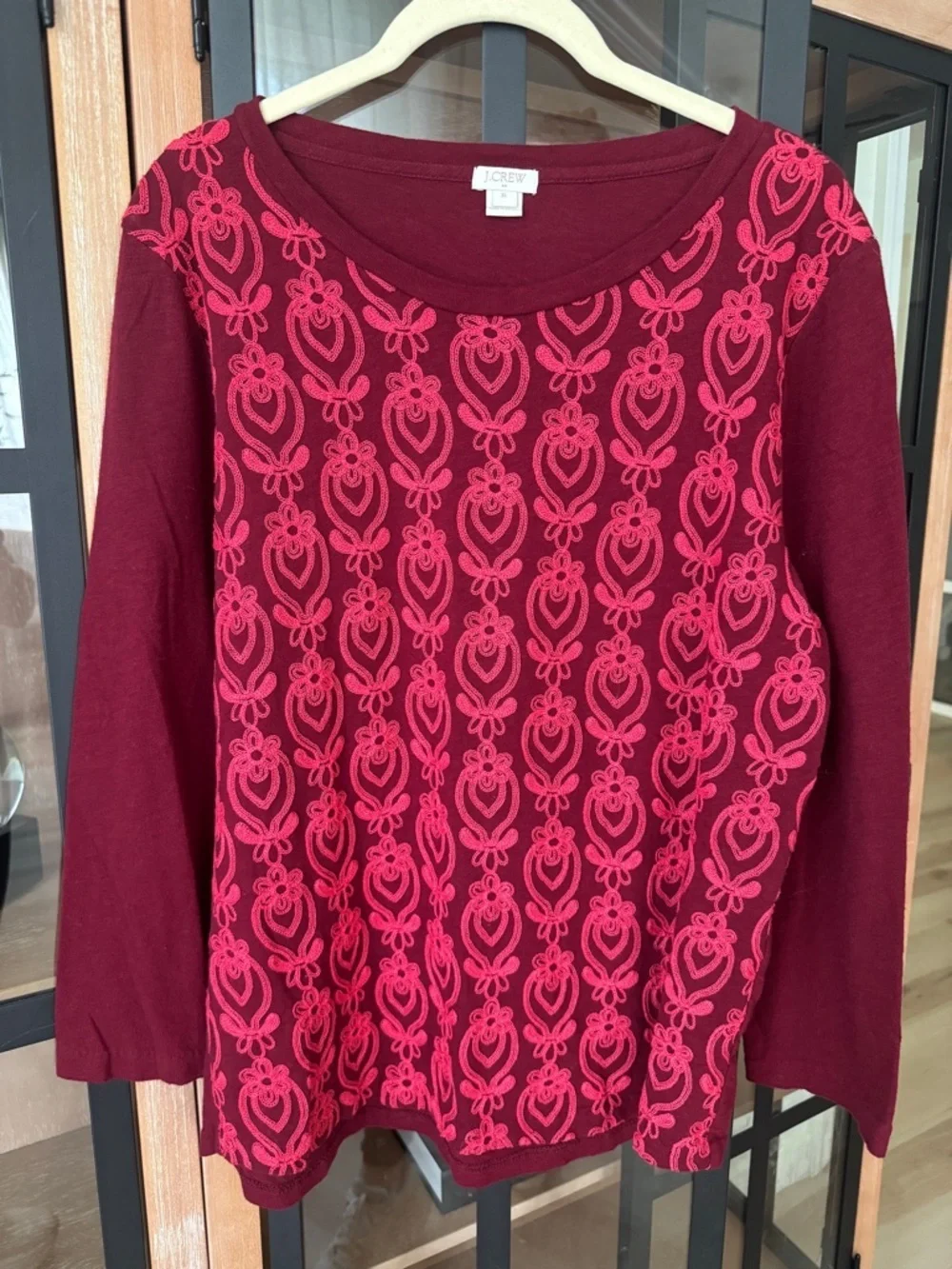J. Crew embroidered blouse long sleeve top flowers maroon crewneck cotton